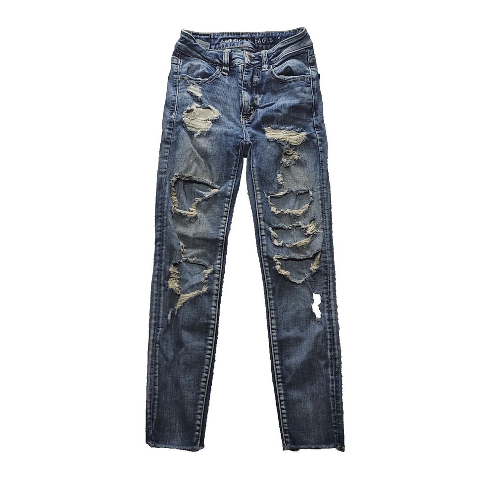 American Eagle Hi-Rise Jegging Crop Jeans Distressed Raw Hem Size 00 Short
